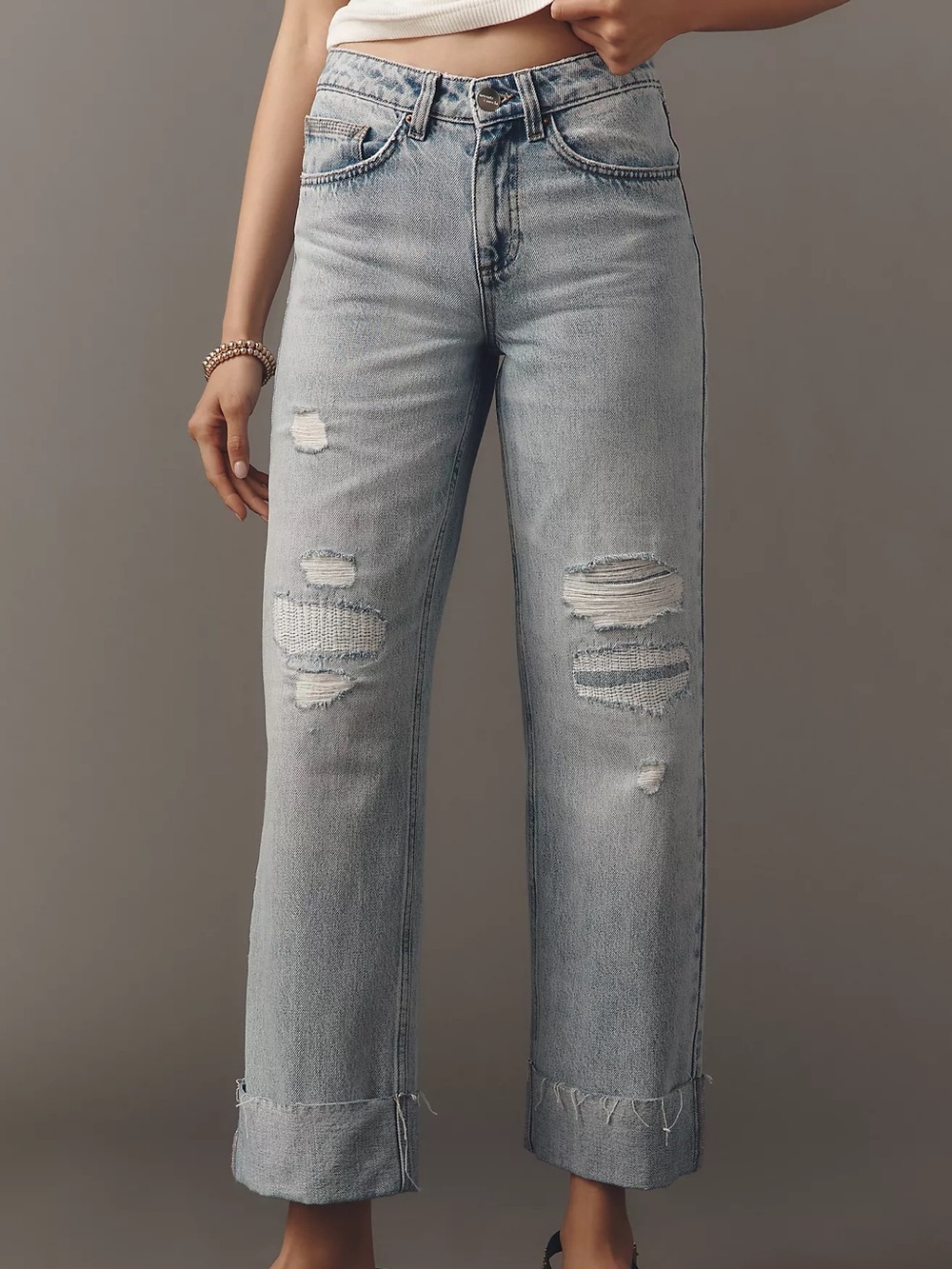 Seventy + mochi Anthropologie Low-Rise Straight-Leg cuffed distress Jeans sz 25